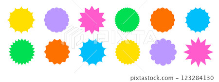 Star round sticker tag icon shape set. Circle starburst label shape for promo, sale, price offer badge sticker. Round tag shape vector icon. Sale, promo label graphic design. Vector 123284130