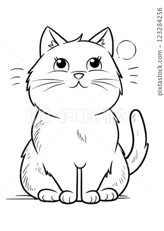a black and white drawing of a cat sitting down 123284256