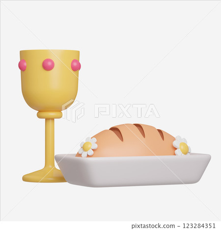 Easter Bread and Wine Chalice, Easter Egg icons. 3D Illustration Easter festive. Easter Bread and Wine Chalice, Easter Egg icons. 3D Illustration Easter festive. 123284351