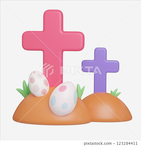 Easter Eggs with Crosses on Hill, Easter Egg icons. 3D Illustration Easter festive. Easter Eggs with Crosses on Hill, Easter Egg icons. 3D Illustration Easter festive. 123284411