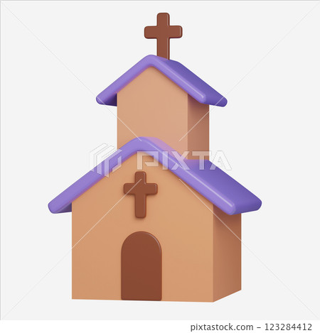 Easter Themed Church Building Illustration, Easter Egg icons. 3D Illustration Easter festive. Easter Themed Church Building Illustration, Easter Egg icons. 3D Illustration Easter festive. 123284412