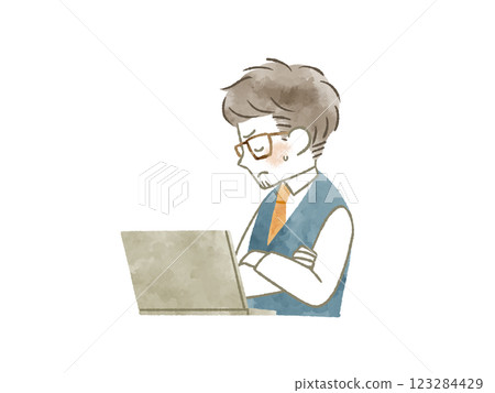 一位男士在使用筆記型電腦時憂心忡忡 — 水彩畫 一位男士在使用筆記型電腦時憂心忡忡 — 水彩畫 123284429