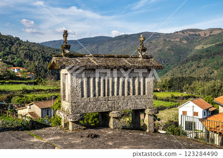 The communitarian granaries, called espigueiros, in the village of Soajo, Peneda National Park, Northern Portugal 123284490