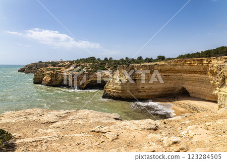 Portuguese coast in Benagil, Algarve, Portugal. Praia da Corredoura. Seven Hangging Valleys Trail. 123284505