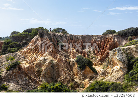 Praia da Marinha Beach among rock islets and cliffs seen from Seven Hanging Valleys Trail, Algarve, Portugal Praia da Marinha Beach among rock islets and cliffs seen from Seven Hanging Valleys Trail, Algarve, Portugal 123284508