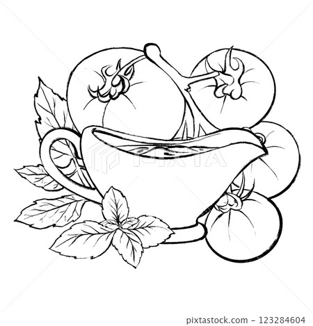 Vector drawing of tomato sauce, tomatoes and basil 123284604