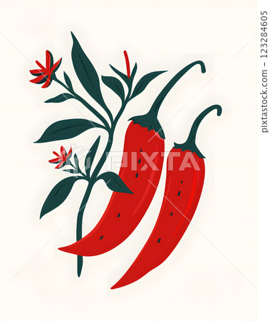 Red Hot Chili Peppers with Leaves and Bloom on Light Background 123284605