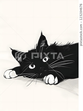 Cute Black and White Cat Relaxing on Floor, Adorable Pet Close-Up 123284676