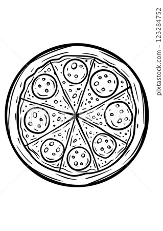 Symmetrical black and white pizza drawing with intricate patterns 123284752