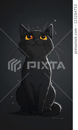 A Felidae carnivore with yellow eyes, whiskers, sitting calmly in darkness 123284753