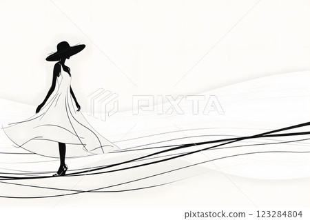 Elegant Female Silhouette with Flowing Dress in Artistic Design 123284804