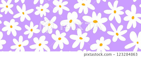 Hand drawn white flower seamless pattern. Floral repeating wallpaper for textile design, fabric, print, wrapping paper. Cute daisy flowers on purple background. Vector repeated cute ditsy texture 123284863