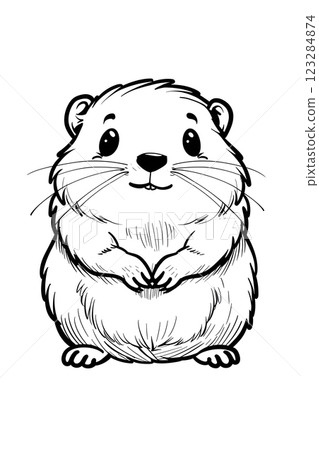 Cartoon hamster with fluffy hair, happy expression, standing on hind legs 123284874