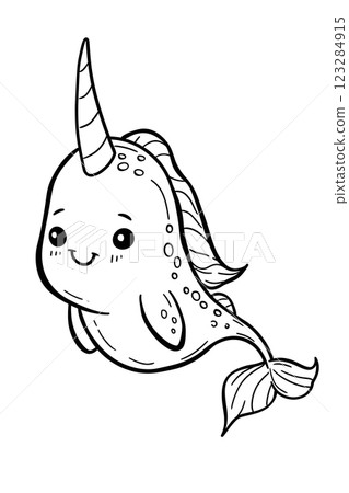 A narwhal with a long horn drawn in black and white 123284915