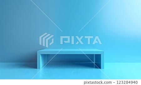 Blue table in a room with blue walls reflecting an aqua sky 123284940