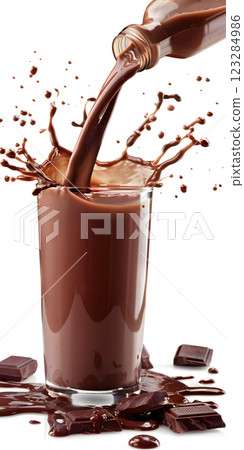 Chocolate Milk Splashing into Glass with Chocolate Pieces 123284986