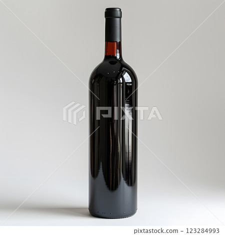 A glass bottle of wine rests on a white table surface 123284993