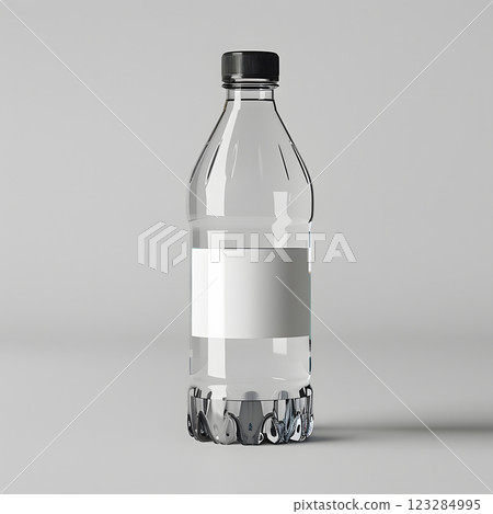 Clear plastic water bottle with white label, black cap Clear plastic water bottle with white label, black cap 123284995