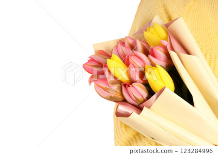 PNG, March 8. Girl holding flowers in her hands, with space for text, isolated on white background. 123284996