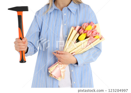 PNG, 8 March. Girl with flowers and a hammer, isolated on a white background. PNG, 8 March. Girl with flowers and a hammer, isolated on a white background. 123284997