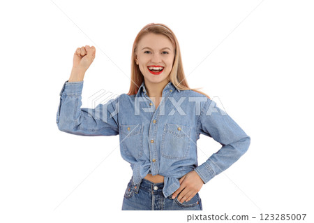 PNG, March 8. Girl showing a gesture of feminism, with a bouquet of flowers, isolated on a white background. 123285007
