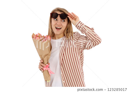 PNG, March 8. Girl holding flowers in her hands, isolated on white background. 123285017