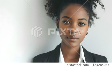 a woman in a suit is standing in front of a white wall and looking at the camera 123285063