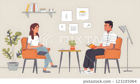 Man and woman chatting in chairs by a table with a houseplant Man and woman chatting in chairs by a table with a houseplant 123285064