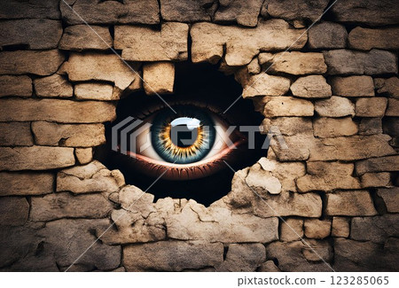 Human eye peeking through a hole in a stone wall Human eye peeking through a hole in a stone wall 123285065