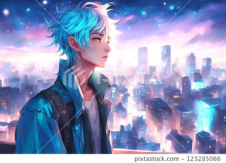 Illustration of a boy with a sad expression while looking at a fantastic city Illustration of a boy with a sad expression while looking at a fantastic city 123285066