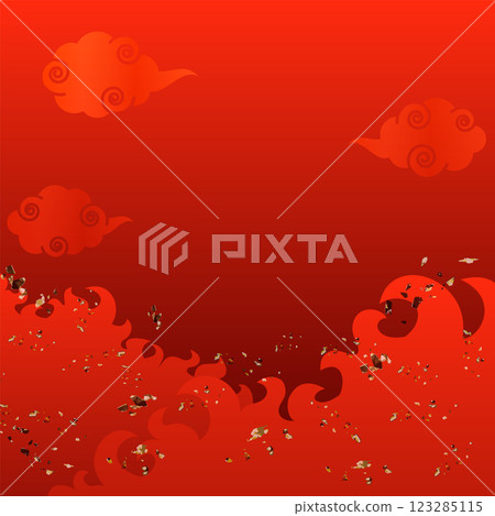 Red gradient background with burning flames, sparks and Chinese-style clouds, vector illustration, square 123285115