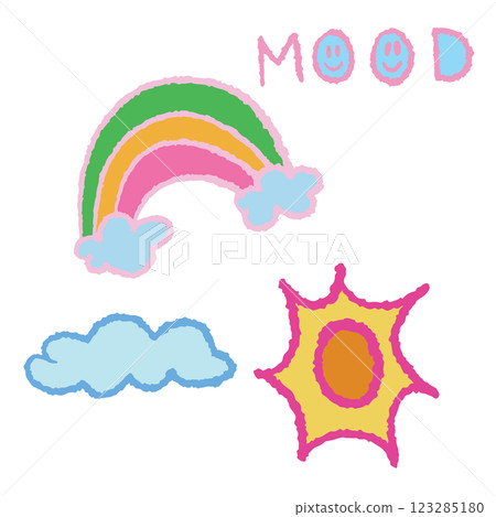 Hand drawn crayon illustration of rainbow, cloud, sun and MOOD letters for sticker, kid drawing elements, tattoo, decorations, patch, brooch, shirt print, sign, symbol, emoji, expression, Pride Month Hand drawn crayon illustration of rainbow, cloud, sun and MOOD letters for sticker, kid drawing elements, tattoo, decorations, patch, brooch, shirt print, sign, symbol, emoji, expression, Pride Month 123285180