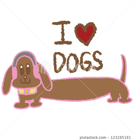 Hand drawn crayon illustration of I heart DOGS letters and dachshund puppy for pet, vet, shirt print, cute patch, brooch, adopt pet, rescue animals, foster home, shelter, font, typography, badge, text 123285181