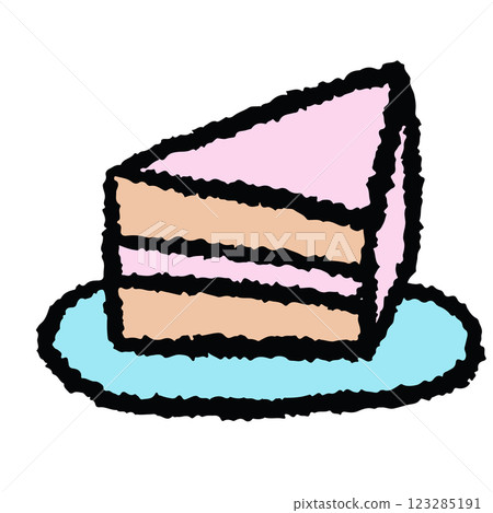 Hand drawn crayon illustration of cake slice on plate for birthday cake, sweet dessert, cafe, restaurant, menu, recipe, baking book, stickers, food, snack, cake shop, kids and children, brunch, card 123285191
