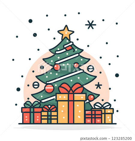 Evergreen tree with gifts under it, topped with a star 123285200