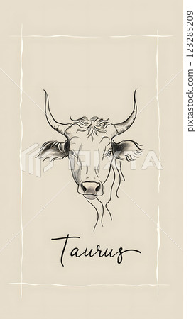 Handdrawn Taurus zodiac sign with bull and horns in black and white art style Handdrawn Taurus zodiac sign with bull and horns in black and white art style 123285209