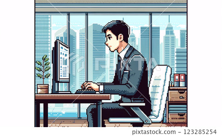 一位商人在操作像素化電腦 一位商人在操作像素化電腦 123285254