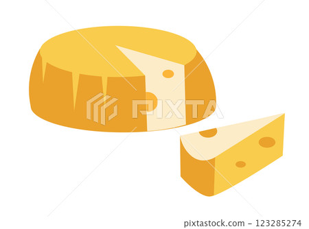 Large head of cheese and cut off piece. Food and traditional cuisine. Symbols and isolated vector illustration on white background. Large head of cheese and cut off piece. Food and traditional cuisine. Symbols and isolated vector illustration on white background. 123285274