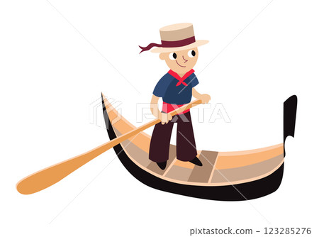 Gondolier on gondola. People and traditional activities in Italy. Symbols and isolated vector illustration on white background. Gondolier on gondola. People and traditional activities in Italy. Symbols and isolated vector illustration on white background. 123285276