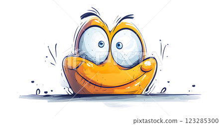 Emoticon with orange smiley face features big blue eyes and a happy expression 123285300