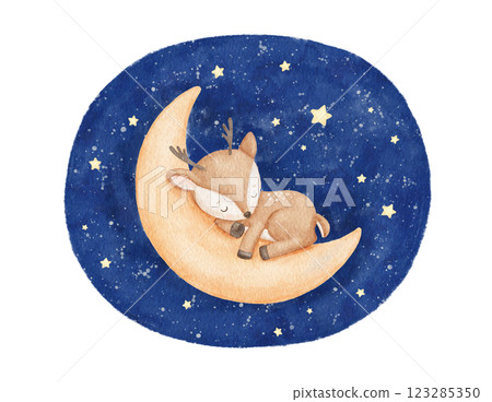 Cute deer sleeping on moon in night sky, watercolor hand draw illustration for kids, painted drawing with isolated background Cute deer sleeping on moon in night sky, watercolor hand draw illustration for kids, painted drawing with isolated background 123285350
