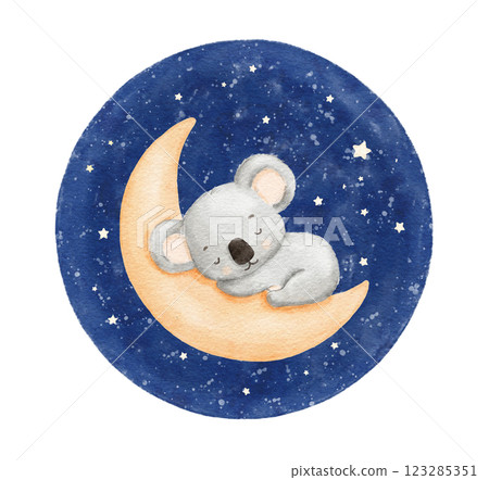 Baby koala sleeping on moon in night sky, watercolor hand draw illustration for kids, painted drawing with isolated background Baby koala sleeping on moon in night sky, watercolor hand draw illustration for kids, painted drawing with isolated background 123285351