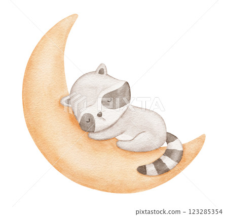 Baby raccoon sleeping on moon, watercolor hand draw illustration for kids, woodland animal, painted drawing with isolated background 123285354