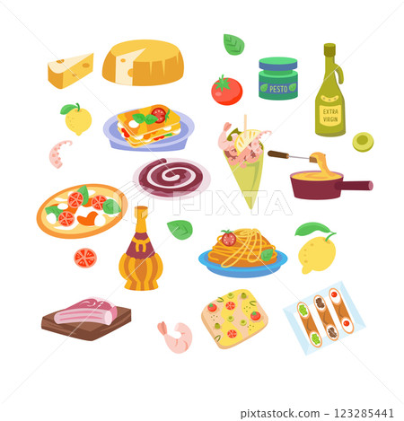 Set of food, food products of Italy. Food products and traditional cuisine. Symbols and isolated vector illustrations on white background.  123285441