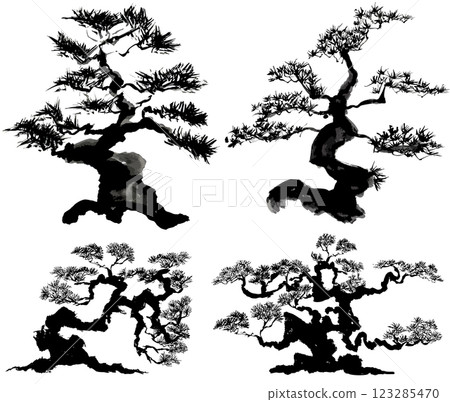 松樹盆景手寫毛筆插圖 123285470