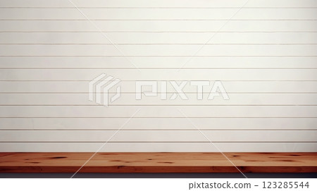 Background of white wall and wooden shelf, with blank/copy space 123285544