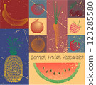 Collage of fruits, berries and vegetables in retro style, with grunge texture 123285580