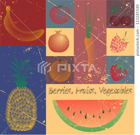 Collage of fruits, berries and vegetables in retro style, with grunge texture 123285580