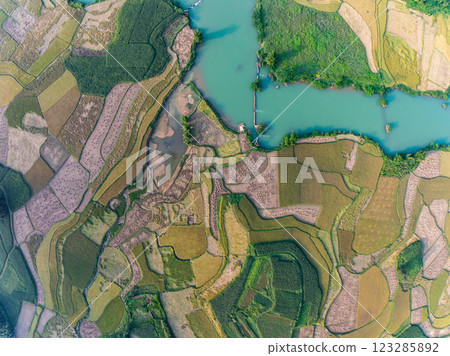 Aerial wide angle view of landscape with rice field at Phong Nam village in Trung Khanh, Cao Bang province,Northern Vietnam Aerial wide angle view of landscape with rice field at Phong Nam village in Trung Khanh, Cao Bang province,Northern Vietnam 123285892