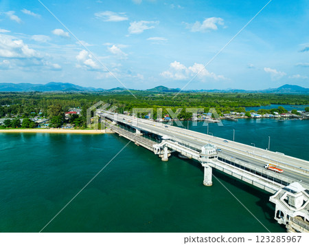 Aerial view of Sarasin bridge road transportation background concept The bridge is a between Phang Nga and Phuket island Thailand The bridge is the most important in making business and transportation 123285967